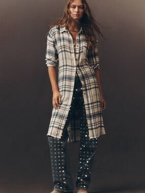 Pilcro Cream and Navy Long-Line Button Front Plaid High-Low Shirt Dress